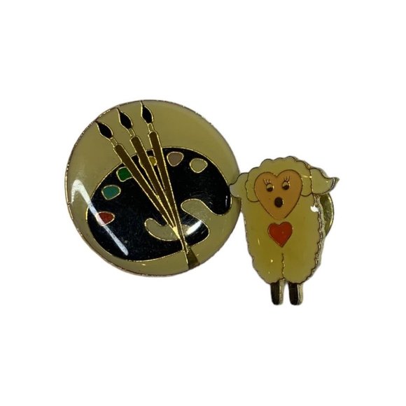 Set of 2 Vintage Resin Lapel Pins Sheep Heart Artist Palette 1" - Picture 1 of 6
